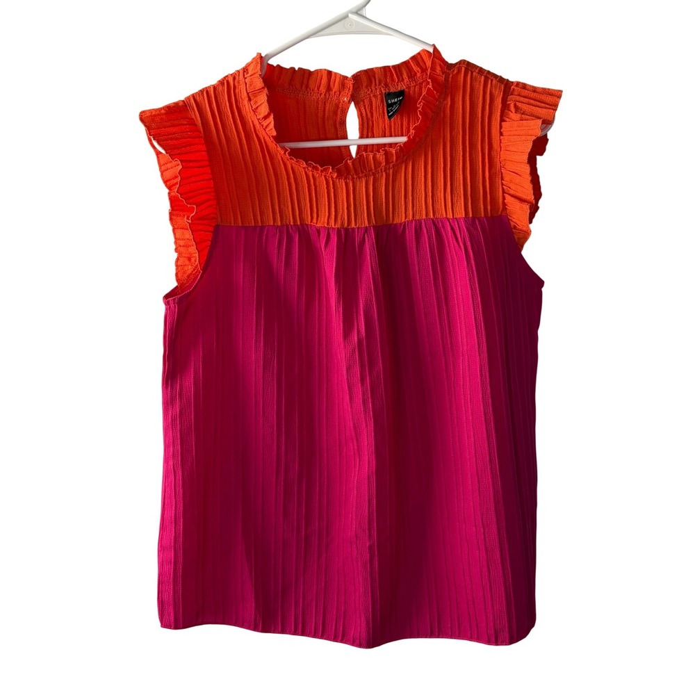 SHEIN Pink Orange Colorblock Plisse Pleated Ruffle Cap Sleeve Blouse Large